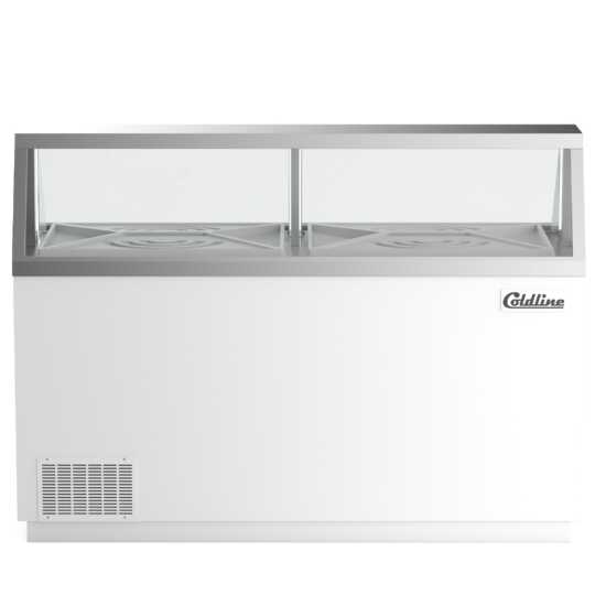 The Coldline DIP-66 is a 68" ice cream dipping cabinet freezer with a 12-tub capacity, designed for commercial use in ice cream shops. It keeps ice cream at optimal serving temperature for easy scooping.
