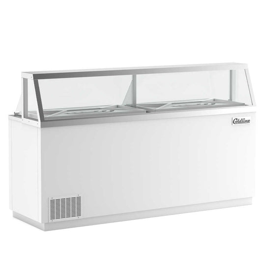 The Coldline DIP-88 is an 89" ice cream dipping cabinet freezer with a 16-tub capacity, ideal for commercial use. It maintains ice cream at perfect serving temperatures for easy access and scooping.