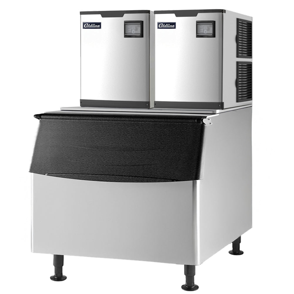 Coldline ICE800M-HA 48-inch modular ice machine with a 1000-lb bin, ideal for large-scale operations like hotels and banquet halls. It produces up to 800 lbs of half-cube ice daily, ensuring a substantial supply.