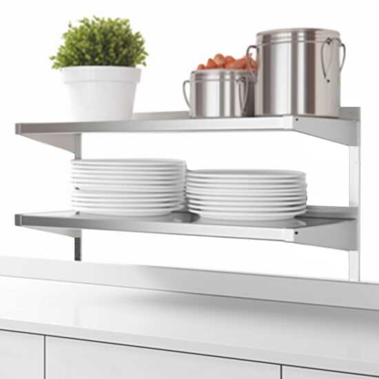The Prepline PDOS-92P 14" x 92" stainless steel double overshelf provides extensive storage for kitchen equipment and supplies, enhancing organization and efficiency in large commercial kitchens.