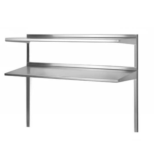 The Prepline PDOS-44P 14" x 44" stainless steel double overshelf offers compact storage for kitchen essentials, enhancing workspace organization and efficiency in busy commercial food prep areas.