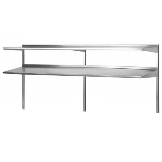 The Prepline PDOS-92P 14" x 92" stainless steel double overshelf provides extensive storage for kitchen equipment and supplies, enhancing organization and efficiency in large commercial kitchens.
