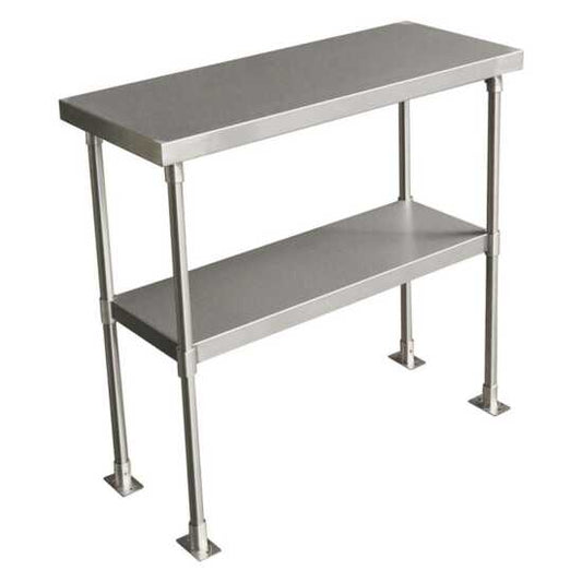 This stainless steel double overshelf is perfect for maximizing vertical storage in kitchens or food prep areas, providing durable space for platters, ingredients, and kitchen tools, enhancing efficiency.
