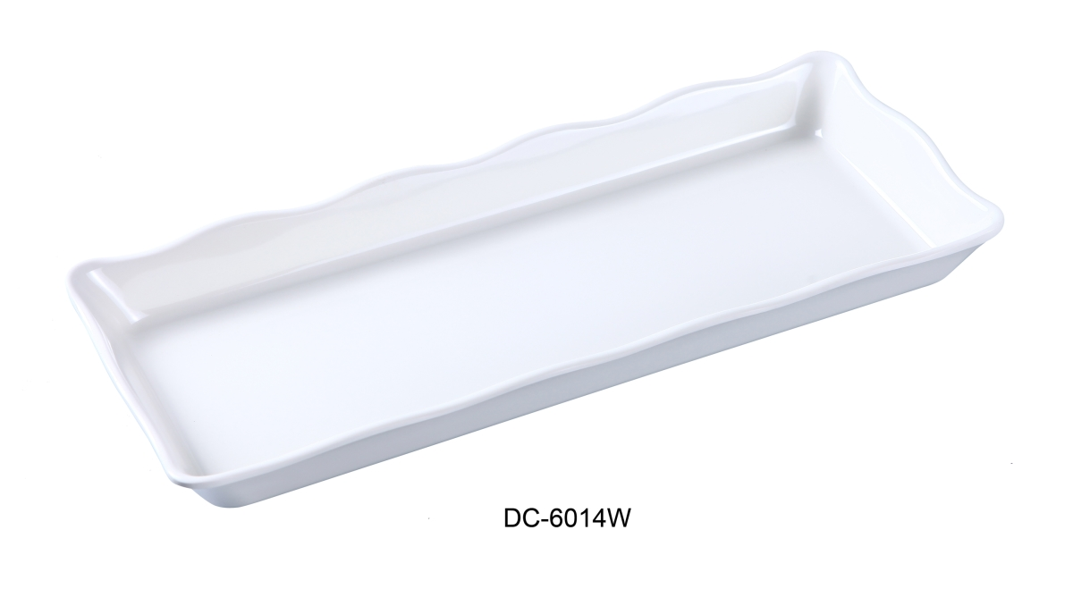 Yanco Scallop Edged Display Tray DC-6014W 6/Pcs is a perfect solution for those who look for reliable and affordable tableware for their food-serving establishment. This scalloped edge tray is ideal for serving hot or cold appetizers, slices of bread, desserts, and other food for the entire table. Made from melamine material, it is popular for being reliable and having an unbreakable structure. The stylish Deli collection has a distinctive appearance featuring dinnerware With a glossy finish.