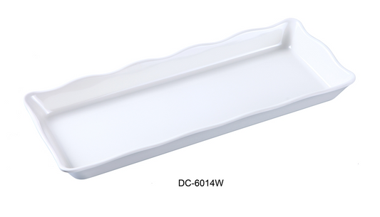 Yanco Scallop Edged Display Tray DC-6014W 6/Pcs is a perfect solution for those who look for reliable and affordable tableware for their food-serving establishment. This scalloped edge tray is ideal for serving hot or cold appetizers, slices of bread, desserts, and other food for the entire table. Made from melamine material, it is popular for being reliable and having an unbreakable structure. The stylish Deli collection has a distinctive appearance featuring dinnerware With a glossy finish.