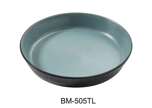 Yanco Deep Dish BM-505TL perfect for serving an array of foods. Made from sturdy melamine, it boasts a sleek gray exterior paired with a vibrant teal interior, offering a modern touch to any table. With an 8-ounce capacity, it's ideal for appetizers, snacks, or desserts, combining style and practicality seamlessly for both casual and formal occasions.