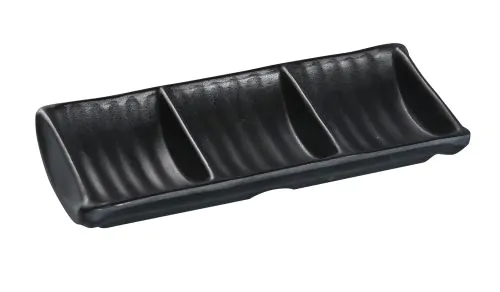 Yanco Triple Sauce Dish BP-4030 It is made from durable and reliable melamine material, which makes the plate look like ceramics. Melamine tableware is a perfect solution for those who choose a reliable, durable, high-quality and affordable dinnerware for their food-serving establishment. These rectangular 3-compartment plates are easy to clean, NSF listed and BPA safe.