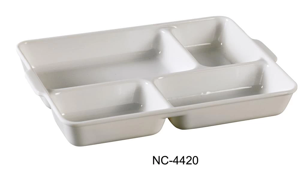 Yanco 4-Divided Deep Compartment NC-4420 Made from durable melamine, this plate is sturdy, resistant to chips, stains, and scratches, and is easy to clean. The sleek white finish adds a clean and professional look, ideal for both casual and formal settings. Perfect for restaurants, buffets, or home use.