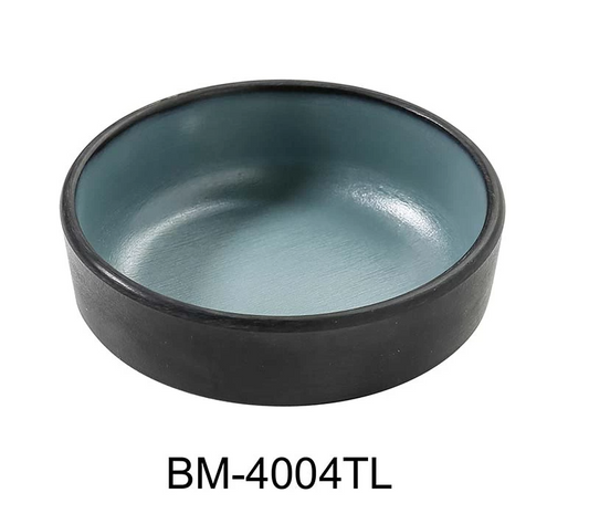 Yanco Sauce Dish BM-4004TL This round dish holds up to 4 ounces, making it ideal for serving sauces, dips, or condiments. The elegant gray and teal design adds a contemporary touch to any setting. Crafted from durable melamine, it’s lightweight and easy to clean, perfect for both everyday meals and special occasions.