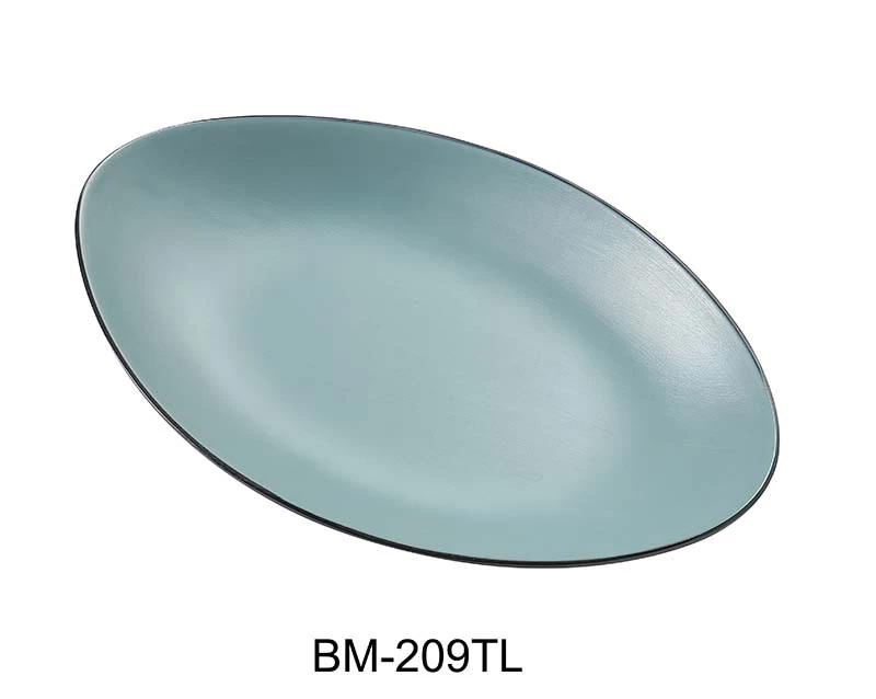 Yanco Deep Oval Plate BM-209TL features a modern gray design accented with vibrant teal, adding a pop of color to any table setting. Made from durable melamine, it is resistant to chipping and breaking, making it ideal for both casual dining and special events. The deep shape is perfect for serving a variety of dishes, from salads to pastas, while the lightweight design ensures easy handling