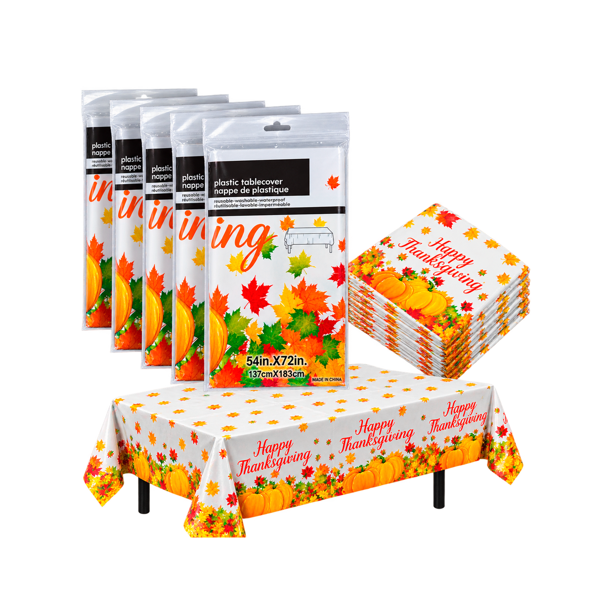 Thanksgiving Rectangular Plastic Tablecloth, 54 x 72 Inch, Multicolor Leaf Design