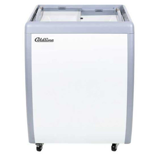 The Coldline DP-160 is a 26" ice cream dipping cabinet freezer with a 4-tub capacity, designed for small-scale commercial use. It keeps ice cream at ideal serving temperatures for easy scooping.