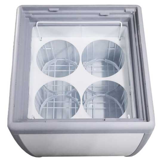 The Coldline DP-160-FSG is a 26" ice cream dipping cabinet freezer with a 4-tub capacity and a sneeze guard. Ideal for small commercial use, it keeps ice cream at optimal temperatures while providing hygienic protection.