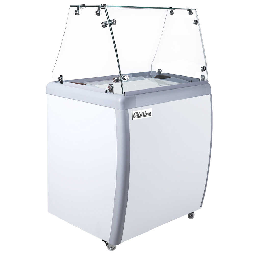 The Coldline DP-160-FSG is a 26" ice cream dipping cabinet freezer with a 4-tub capacity and a sneeze guard. Ideal for small commercial use, it keeps ice cream at optimal temperatures while providing hygienic protection.