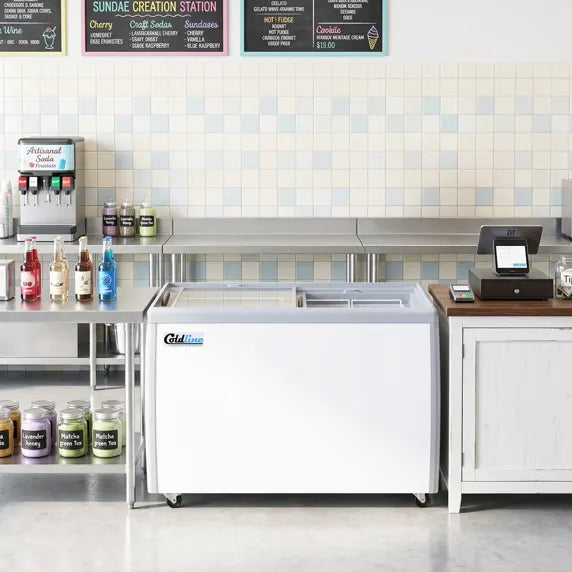 Coldline DP-360 50" 8-Tub Ice Cream Dipping Cabinet Freezer features a spacious 8-tub display with sliding glass top doors, LED interior lighting, and reliable temperature control for serving ice cream, gelato, and frozen desserts. Ideal for ice cream shops, cafés, dessert bars, and concession stands.