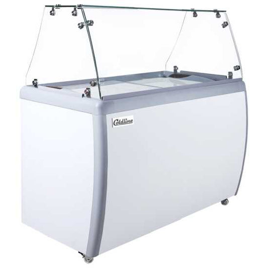 The Coldline DP-360-FSG is a 50" ice cream dipping cabinet freezer with an 8-tub capacity and a sneeze guard. Perfect for small to medium businesses, it maintains optimal ice cream temperatures while ensuring hygienic access.