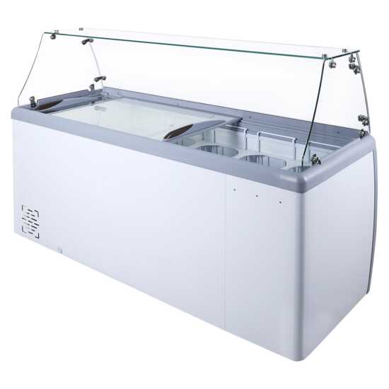 The Coldline DP-560-FSG is a 71" ice cream dipping cabinet freezer with a 12-tub capacity and a sneeze guard. Ideal for medium to large commercial spaces, it keeps ice cream at perfect temperatures while offering hygienic protection.
