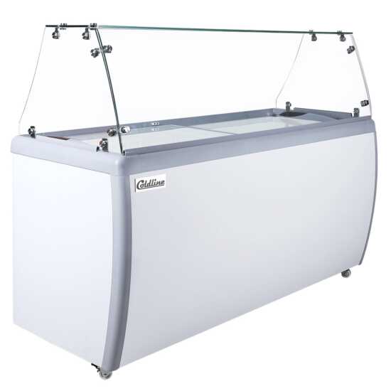 The Coldline DP-560-FSG is a 71" ice cream dipping cabinet freezer with a 12-tub capacity and a sneeze guard. Ideal for medium to large commercial spaces, it keeps ice cream at perfect temperatures while offering hygienic protection.