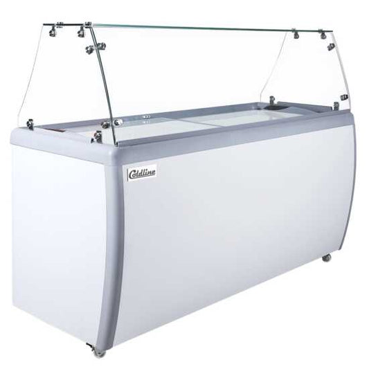 The Coldline DP-560-FSG is a 71" ice cream dipping cabinet freezer with a 12-tub capacity and a sneeze guard. Ideal for medium to large commercial spaces, it keeps ice cream at perfect temperatures while offering hygienic protection.