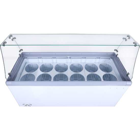 The Coldline DP-560-FSG is a 71" ice cream dipping cabinet freezer with a 12-tub capacity and a sneeze guard. Ideal for medium to large commercial spaces, it keeps ice cream at perfect temperatures while offering hygienic protection.