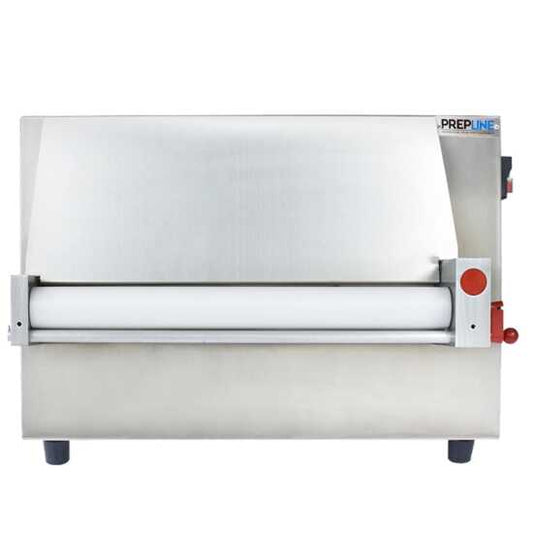 Prepline DR12-1 12-inch one-stage countertop dough sheeter/roller, 120V, designed for efficient dough rolling in small bakeries and commercial kitchens.