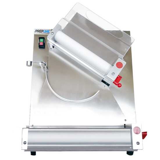 Prepline DR12-2 12-inch two-stage countertop dough sheeter/roller, 120V, designed for efficient and precise dough rolling in small bakeries and commercial kitchens.