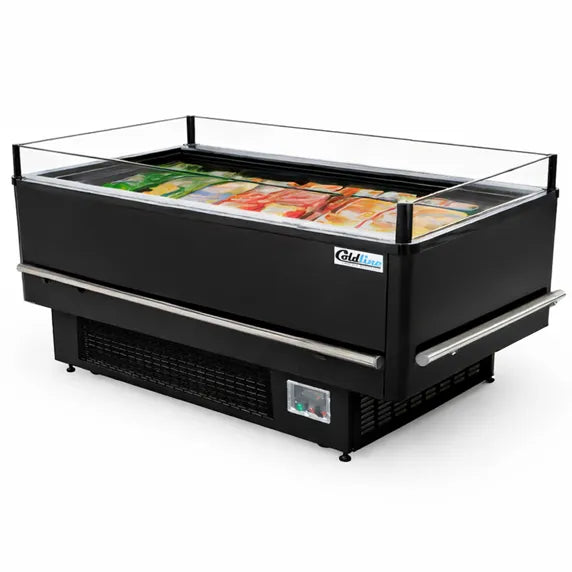 Coldline ISLAND-DT60 62-inch open air dual temperature island merchandiser with refrigerator and freezer sections for supermarkets, convenience stores, and retail food displays. Designed to showcase chilled and frozen products with easy customer access and efficient commercial refrigeration performance.