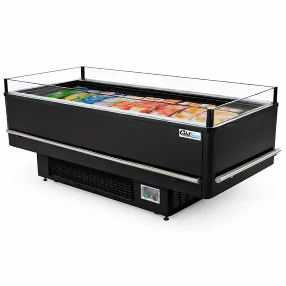 Coldline ISLAND-DT80 82-inch open air dual temperature island merchandiser with refrigerator and freezer sections for supermarkets, grocery stores, and retail food displays. Provides easy customer access to chilled and frozen products while maintaining reliable commercial refrigeration performance.