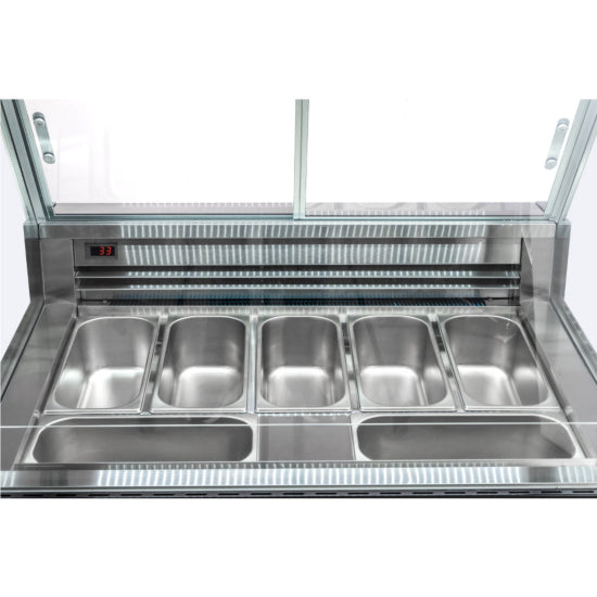 Marchia GIC-7-ST 42-inch 7-pan flat glass white gelato ice cream dipping cabinet display freezer, designed to showcase multiple flavors with a sleek flat glass top for ice cream shops and dessert parlors.