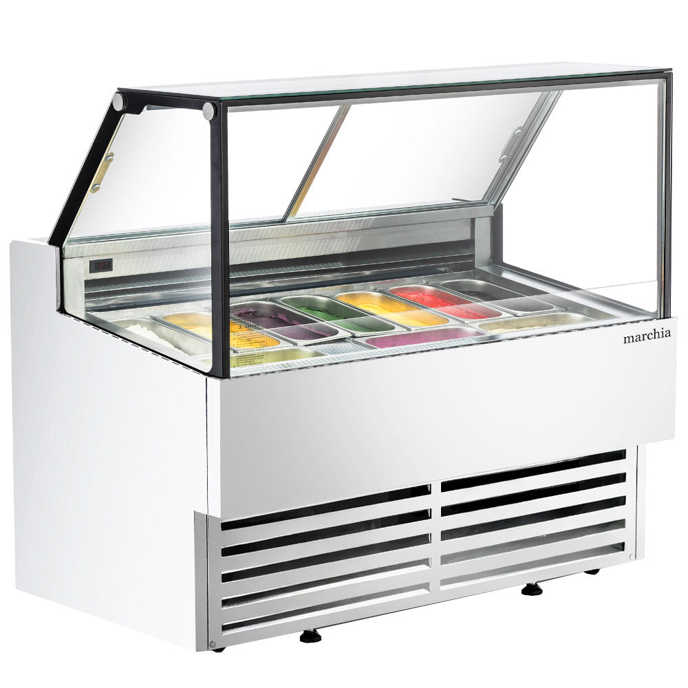Marchia GIC-10-ST 56-inch 10-pan flat glass white gelato ice cream dipping cabinet display freezer, featuring a sleek flat glass top and ample capacity to showcase multiple flavors in ice cream shops and dessert parlors.
