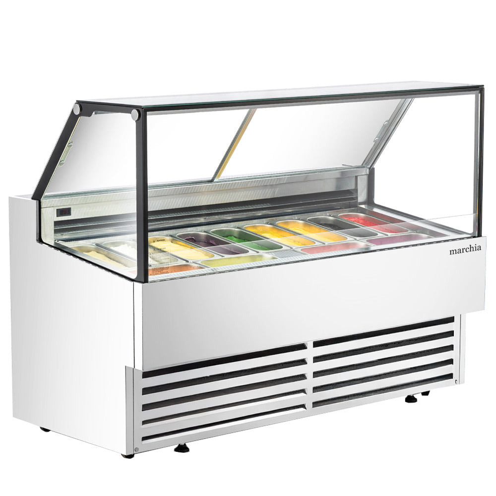 Marchia GIC‑13‑ST 70‑inch 13‑pan flat glass white gelato ice cream dipping cabinet display freezer, featuring a sleek flat glass top and generous capacity to showcase multiple flavors in ice cream shops and dessert parlors.
