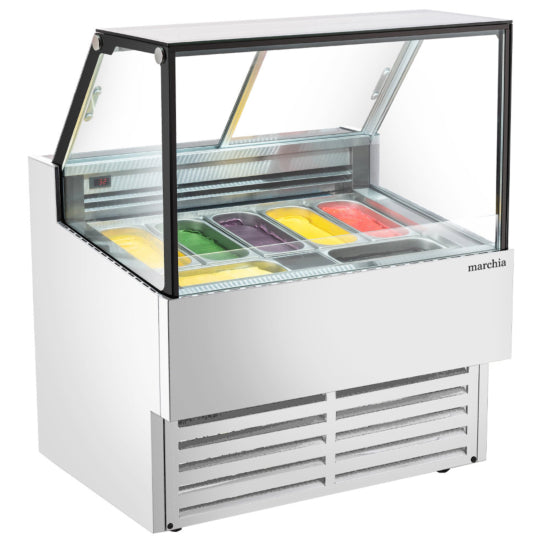Marchia GIC-7-ST 42-inch 7-pan flat glass white gelato ice cream dipping cabinet display freezer, designed to showcase multiple flavors with a sleek flat glass top for ice cream shops and dessert parlors.
