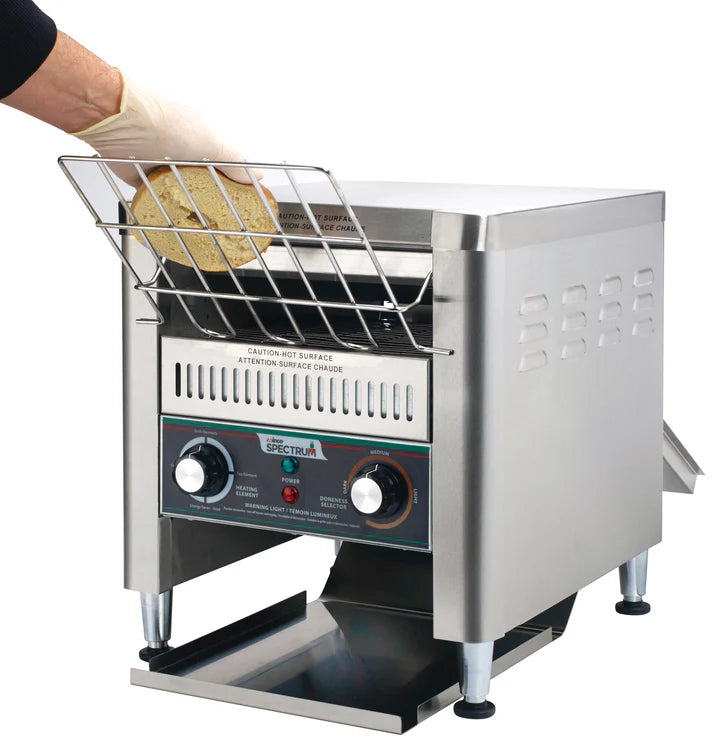 Spectrum Electric Conveyor Toaster 1/Pack can toast up to 300 slices per hour, ideal for use in busy restaurants, diners, and buffets. An upper and lower heating element can be operated independently making this commercial conveyor toaster perfect for toasting bagels, bread, buns, and even pizzas. The variable-speed dial allows for precise speed control ensuring the perfect doneness. A wide shoot and extra wide return ramp prevent food from getting stuck for a seamless toasting experience.