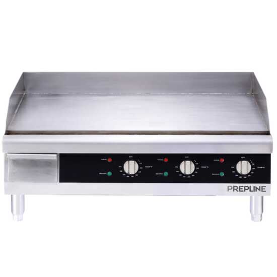 Prepline EGD30 30" electric thermostatic countertop griddle, compatible with 208V/240V, designed for high-efficiency cooking in commercial kitchens, perfect for grilling various foods evenly and quickly.