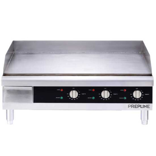 Prepline EGD30 30" electric thermostatic countertop griddle, compatible with 208V/240V, designed for high-efficiency cooking in commercial kitchens, perfect for grilling various foods evenly and quickly.