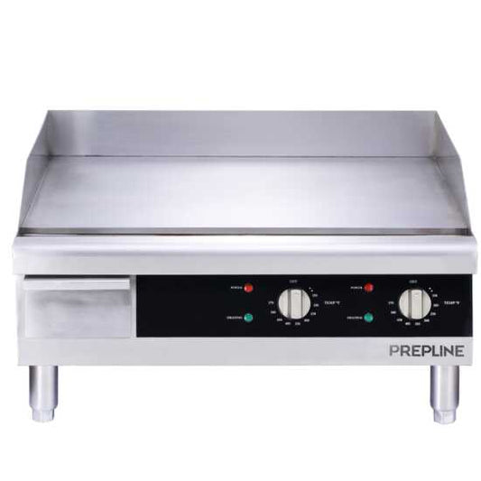 Prepline EGD24 24" electric thermostatic countertop griddle, compatible with 208V/240V, ideal for efficient cooking in commercial kitchens, providing consistent heat for pancakes, burgers, and more.