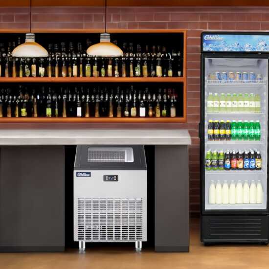 Coldline EIC200 22-inch commercial full cube ice machine with a 50 lb. bin, air-cooled. Ideal for businesses, this compact unit produces 200 lbs. of ice per day and features a convenient storage bin.