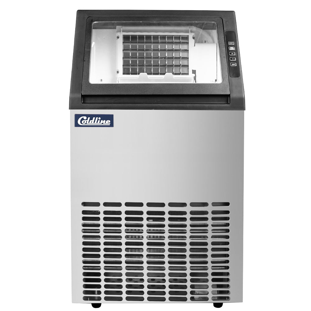 Coldline EIC100 18-inch commercial crescent ice machine producing up to 100 lb of ice per day, air-cooled design ideal for restaurants, bars, cafés, and foodservice operations.