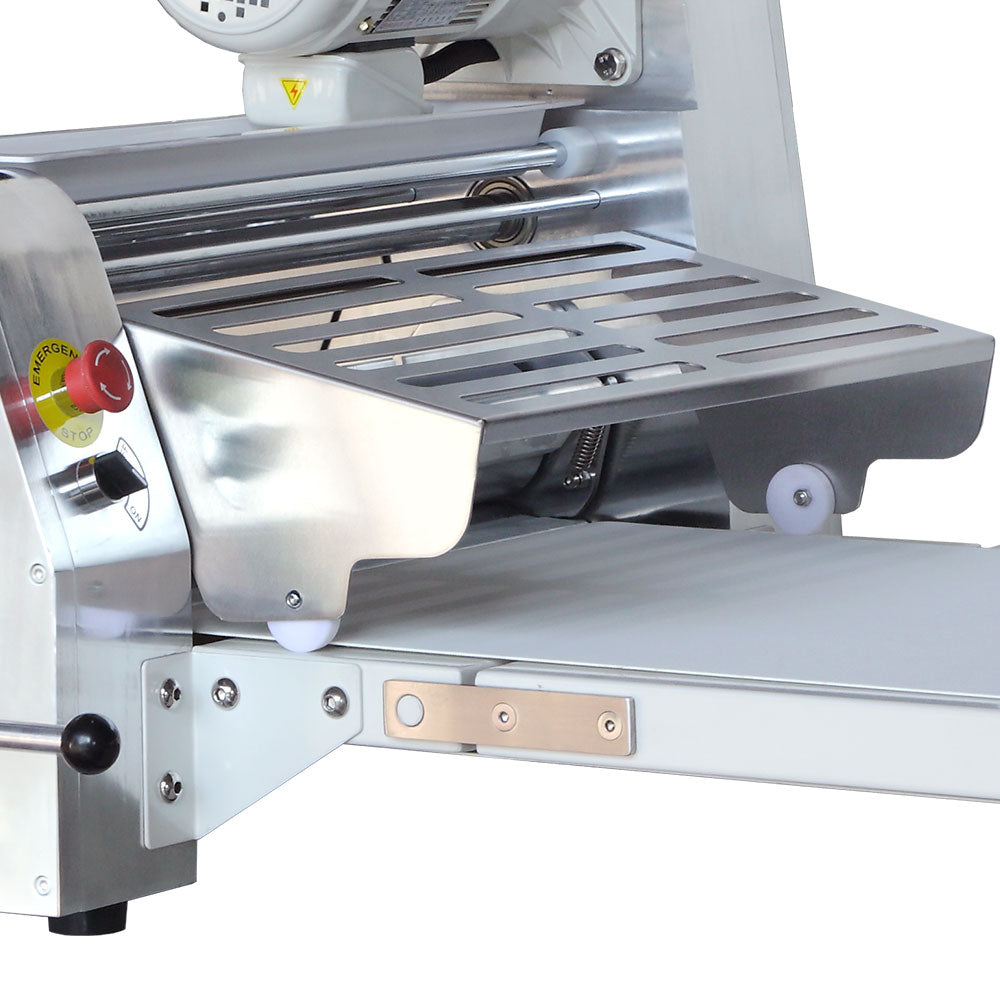 Prepline CSP-81 81-inch countertop reversible dough sheeter with roller pin, designed for efficiently flattening dough in bakeries and commercial kitchens, 120V electric operation.