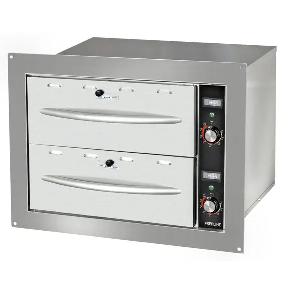 Prepline BDW2 double built-in stainless steel drawer warmer with 900W power and 120V operation for commercial kitchens, restaurants, and food service prep stations. Keeps cooked food warm and ready to serve while maximizing kitchen efficiency with durable built-in warming drawers.