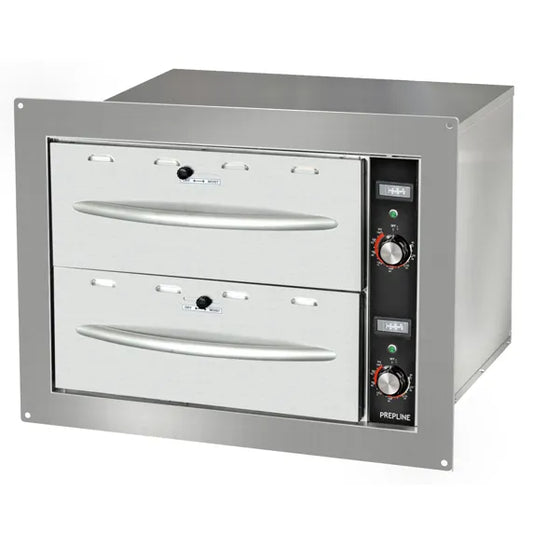Prepline BDW2 double built-in stainless steel drawer warmer with 900W power and 120V operation for commercial kitchens, restaurants, and food service prep stations. Keeps cooked food warm and ready to serve while maximizing kitchen efficiency with durable built-in warming drawers.