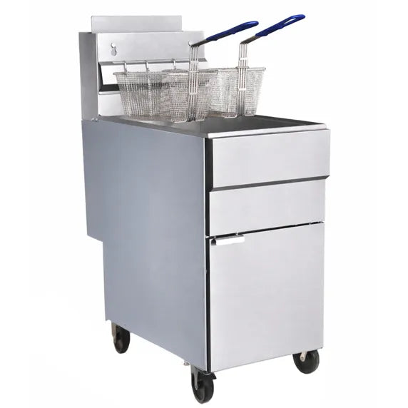 Prepline ENFF400L commercial 50 lb liquid propane gas deep fryer with 120,000 BTU output, heavy-duty stainless steel construction, dual fry baskets, and thermostatic temperature control. Built for restaurants, food trucks, and high-volume commercial kitchens requiring fast heat recovery and consistent frying performance.