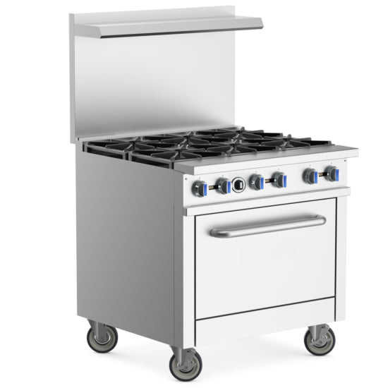 Cookline ENR6B36L commercial gas range with 6 burners and oven, 36-inch wide, designed for heavy-duty kitchen use, powered by liquid propane for efficient cooking performance.