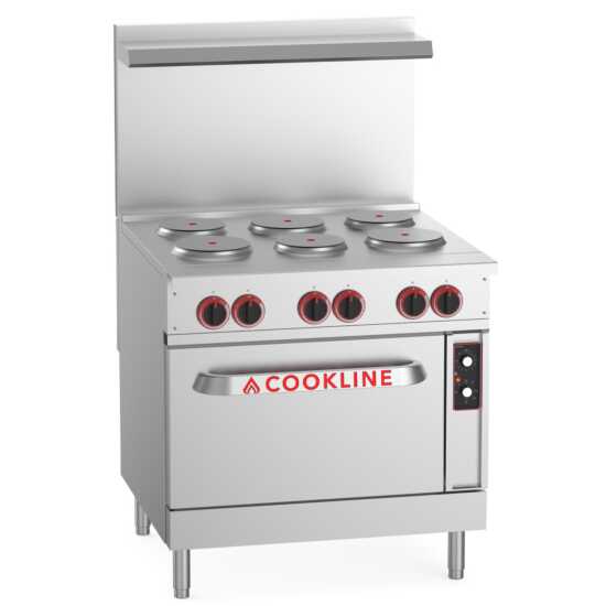 Cookline ER36-208 36" Electric Range with 6 Burners, 208V, ideal for high-capacity cooking in commercial kitchens, providing versatility and efficiency for various food preparation needs.