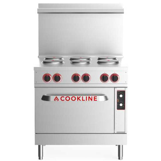 Cookline ER36-208 36" Electric Range with 6 Burners, 208V, ideal for high-capacity cooking in commercial kitchens, providing versatility and efficiency for various food preparation needs.