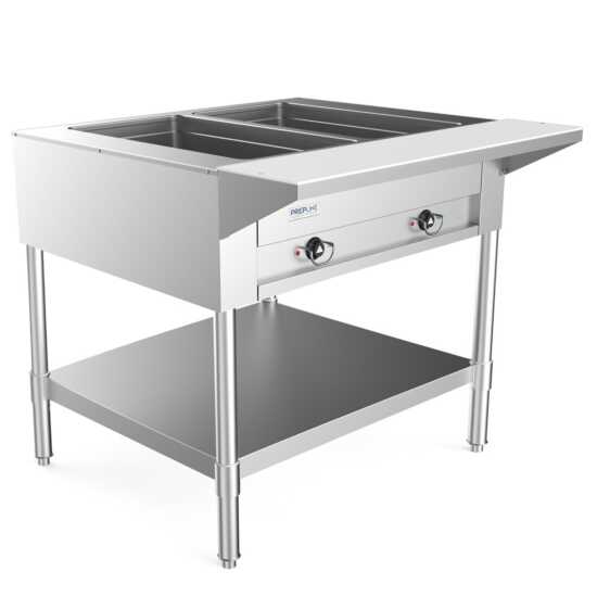 Prepline 32" two-well electric hot food steam table with undershelf is an essential appliance for commercial kitchens and catering services. Operating at 120V and 1000W, this steam table features two spacious wells designed to keep various dishes hot and ready for serving, making it ideal for buffets and food service events. Constructed from durable stainless steel, it ensures longevity and resistance to rust and corrosion. The undershelf provides convenient storage for utensils and supplies, optimizing wor