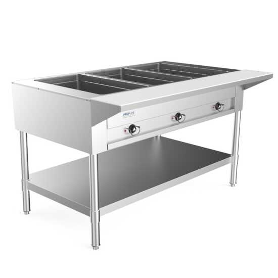 Prepline 48" three-well electric hot food steam table with undershelf operates at 120V and 1500W, making it an essential piece of equipment for commercial kitchens and catering services. This steam table features three spacious wells designed to keep a variety of dishes hot and ready for serving, ideal for buffets and food service events. Made from durable stainless steel, it ensures longevity and resistance to rust and corrosion. The undershelf provides convenient storage for utensils and supplies