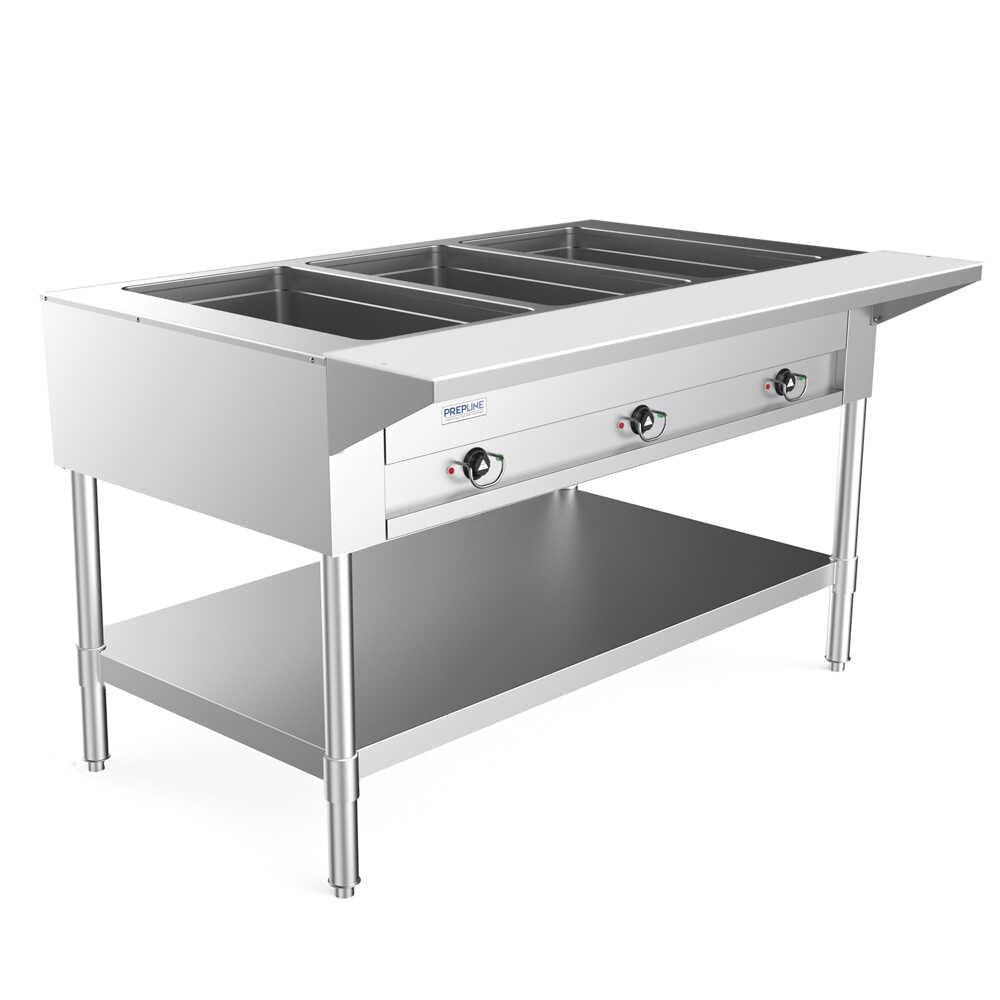 Prepline 48" three-well electric hot food steam table with undershelf operates at 120V and 1500W, making it an essential piece of equipment for commercial kitchens and catering services. This steam table features three spacious wells designed to keep a variety of dishes hot and ready for serving, perfect for buffets and food service events.