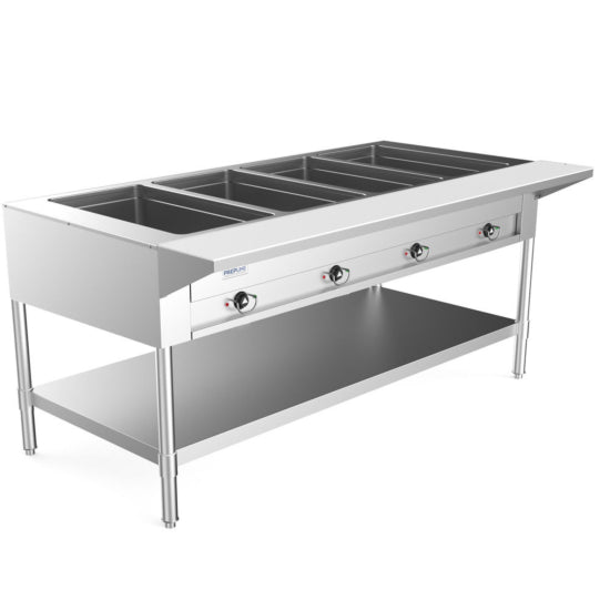 Prepline 60" four-well electric hot food steam table with undershelf, 110V. Designed for commercial kitchens, it keeps food warm and ready to serve. Durable construction and ample storage make it ideal for buffets, cafeterias, and catering services.