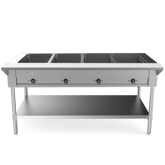 Prepline 60" four-well electric hot food steam table with undershelf, 110V. Designed for commercial kitchens, it keeps food warm and ready to serve. Durable construction and ample storage make it ideal for buffets, cafeterias, and catering services.